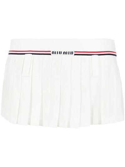 Miu Miu Logo Intarsia Pleated Mini Skirt In White