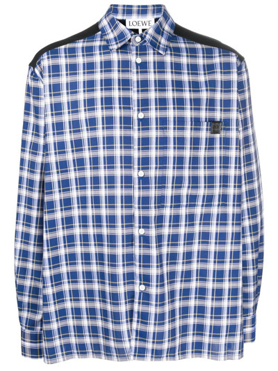 Shop Loewe Fleece Back Checked Long-sleeve Shirt In Blue