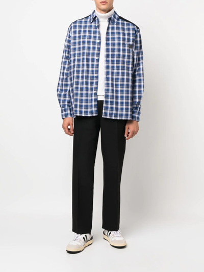 Shop Loewe Fleece Back Checked Long-sleeve Shirt In Blue