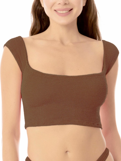 Shop Mc2 Saint Barth Woman Crinkle Wide Shoulder Strap Top Swimsuit In Brown