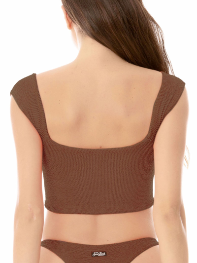 Shop Mc2 Saint Barth Woman Crinkle Wide Shoulder Strap Top Swimsuit In Brown