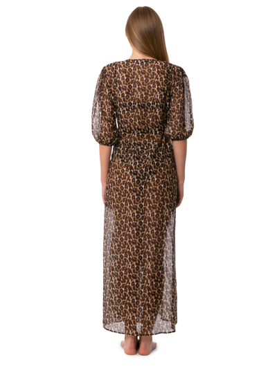 Shop Mc2 Saint Barth Cotton And Silk Long Dress Bliss With Animalier Print In Brown