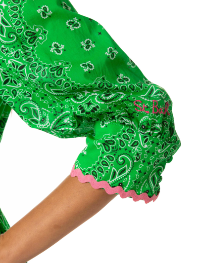 Mc2 Saint Barth Bandanna Print Cotton Short Dress With Embroideries In Green