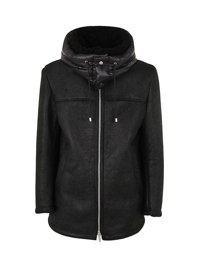 Shop Drome Long Shearling Coat With Hood In Black