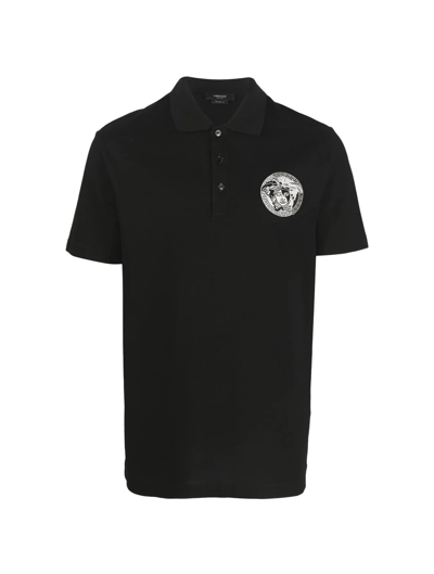 Shop Versace Polo Tessuto Piquet Cotone Bio Con Ricamo Medusa A Tre Fili In Black