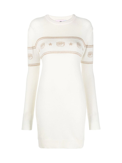 Shop Chiara Ferragni Maxilogo Lurex Lon Sleeve Mini Dress In White