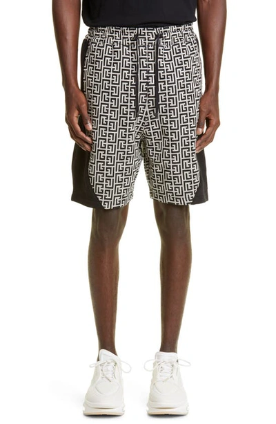 Shop Balmain Monogram Drawstring Shorts In Gfe Ivoire/ Noir