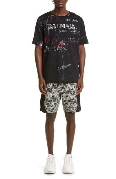 Shop Balmain Monogram Drawstring Shorts In Gfe Ivoire/ Noir