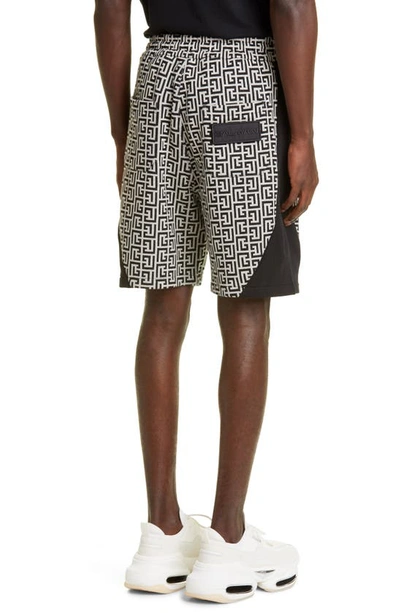 Shop Balmain Monogram Drawstring Shorts In Gfe Ivoire/ Noir