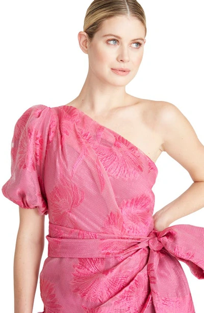 Shop ml Monique Lhuillier Floral Jacquard One-shoulder Faux Wrap Minidress In Pink Sapphire