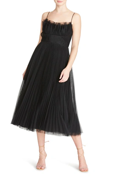 Shop ml Monique Lhuillier Pleated Tulle A-line Midi Dress In Black