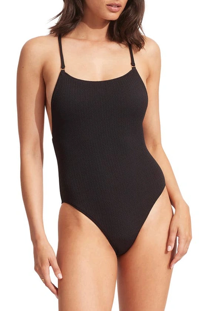 Shop Seafolly Sea Dive Scoop Neck One-piece Swimsuit In Black
