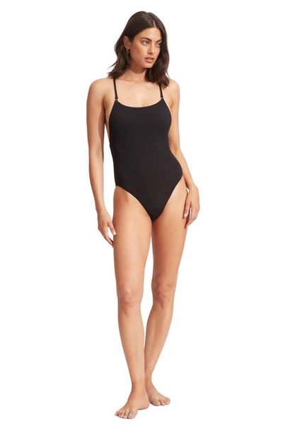 Shop Seafolly Sea Dive Scoop Neck One-piece Swimsuit In Black