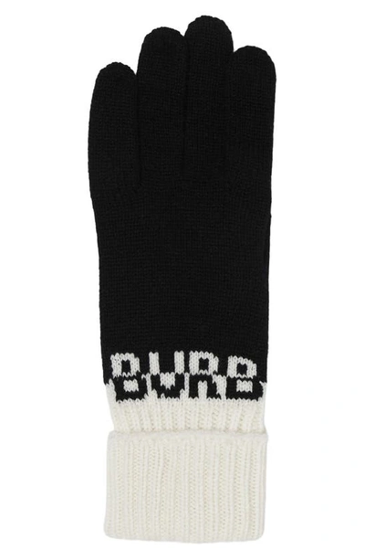 Shop Burberry Intarsia Logo Cashmere Blend Gloves In Black/ White