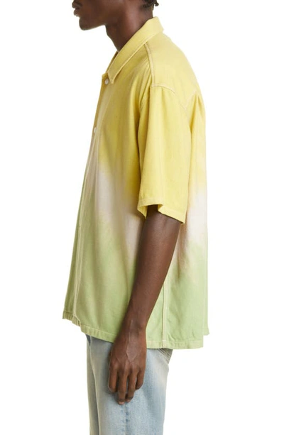 Shop The Elder Statesman Blot Oversize Short Sleeve Tie Dye Button-up Shirt In Almond/ Yellow/ Green