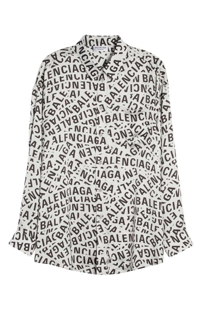 Shop Balenciaga Oversize Allover Logo Button-up Shirt In Grey