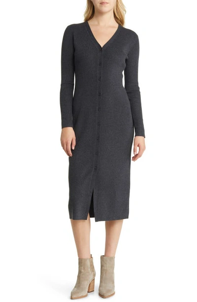 Shop Caslon Long Sleeve Button-up Rib Sweater Dress In Grey Dark Charcoal Heather