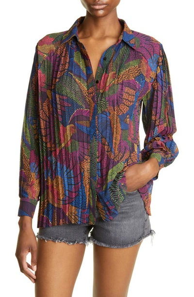 Farm Rio Dotted Macaws Pleated Button-up Shirt In Dotted Macaws
