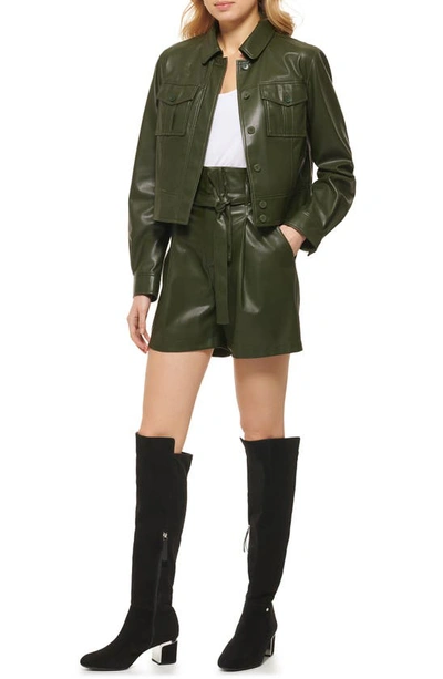 Shop Dkny Faux Leather Short Jacket In Cadet Green