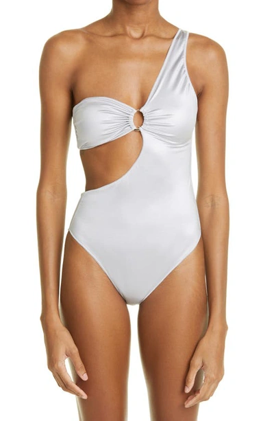 Shop Oseree Glow Asymmetric Cutout One-shoulder One-piece Swimsuit In Silver