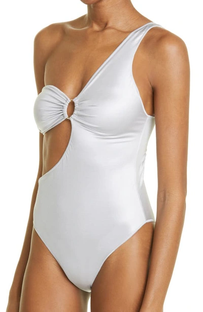 Shop Oseree Glow Asymmetric Cutout One-shoulder One-piece Swimsuit In Silver