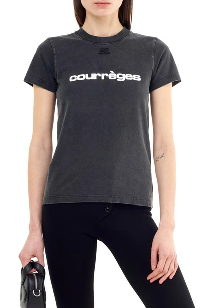 Shop Courrèges Embroidered Cotton Logo Tee In Stonewashed Grey