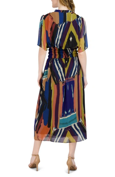 Shop Donna Ricco Abstract Stripe Shirred Short Sleeve Midi Dress In Multi