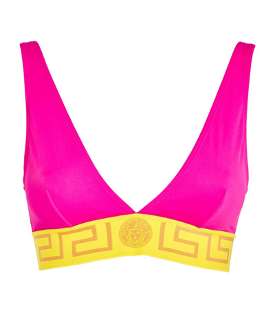 Shop Versace Greca Border Triangle Bikini Top In Pink