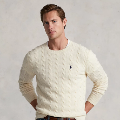 Polo Ralph Lauren Textured Cable Knit Sweater With Round Neckline And Fitted Silhouette In Andover Cream