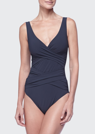 Shop Karla Colletto Criss-cross One-piece Swimsuit In Navy