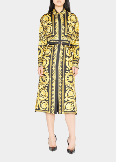 Shop Versace Baroque Heritage-print Silk Twill Midi Shirtdress In Blackgold
