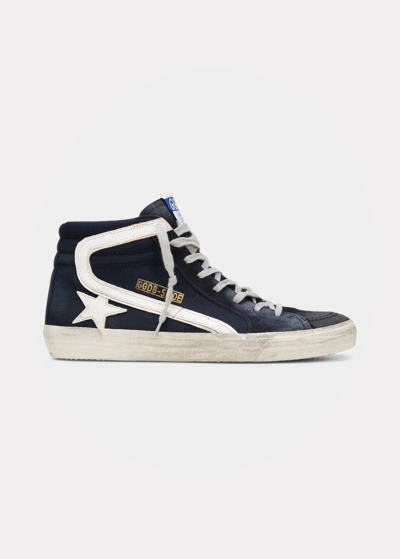 Shop Golden Goose Men's Slide Denim & Leather High-top Sneakers In Navy Blue/whitepl