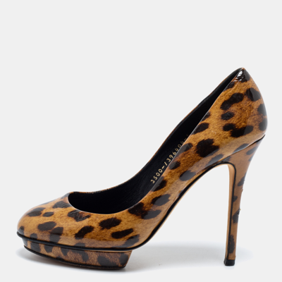 Pre-owned Gina Brown Leopard Print Patent Leather Round Toe Pumps Size 38