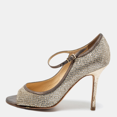 Pre-owned Jimmy Choo Silver/gold Glitter And Leather Mary Jane Pumps Size 37.5 In Metallic