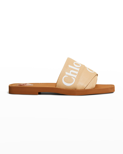 Shop Chloé Woody Flat Logo Ribbon Slide Sandals In Soft Tan