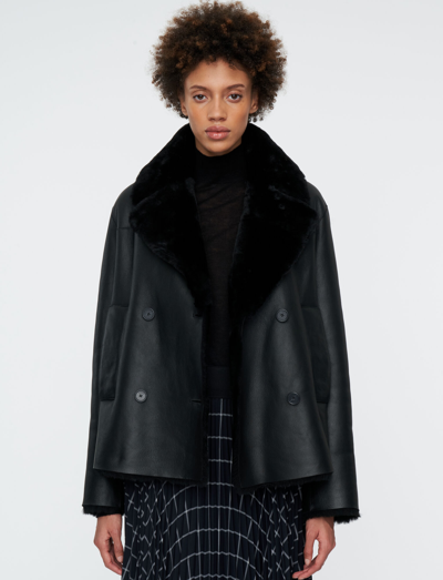 Joseph Calla Shearling Leather Peacoat In Black