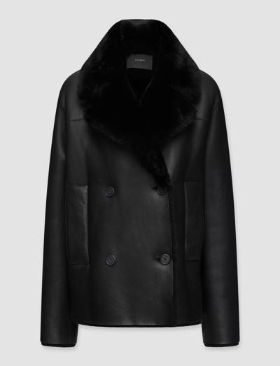 Joseph Calla Shearling Leather Peacoat In Black