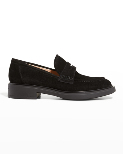 Shop Gianvito Rossi Suede Flat Penny Loafers In Black