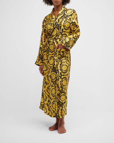 Shop Versace Barocco-print Silk Robe In Black-gold