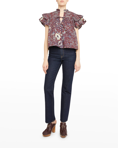 Shop Ulla Johnson Letty Floral Flutter-sleeve Top In Heliotrope