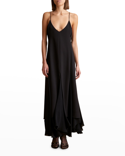 Shop Khaite Clover Plunging Flounce-godet Maxi Dress In Black