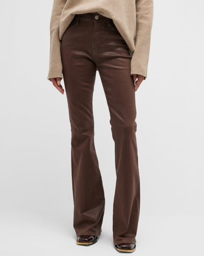 Shop Frame Le High Flare Coated Jeans In Dark Chocolate