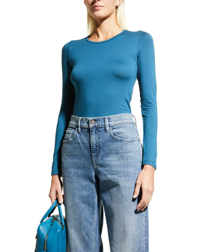 Shop Majestic Soft Touch Flat-edge Long-sleeve Crewneck Top In Blue Paon