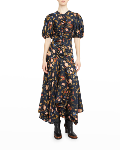Shop Ulla Johnson Heleen Puff-sleeve Long Printed Silk Dress In Odessa