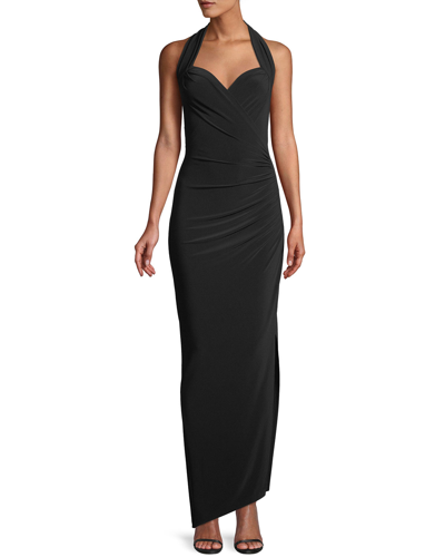 Shop Norma Kamali Halter Sweetheart Side-drape Maxi Dress In Black
