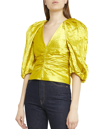 Shop Ulla Johnson Vera Shiny Puff-sleeve Top In Golden Beryl