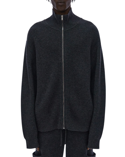 Shop Helmut Lang Men's Full-zip Ribbed Turtleneck Sweater In Dk Ht Gry