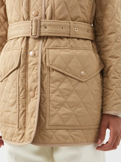 Burberry Kemble Belted Quilted Field Logo Jacket In Beige | ModeSens