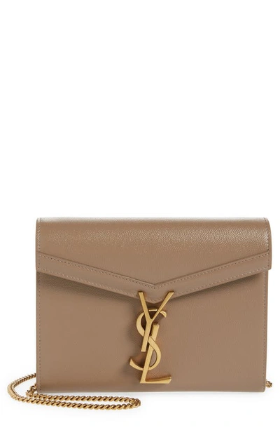 Shop Saint Laurent Cassandra Leather Wallet On A Chain In Taupe/ Nero