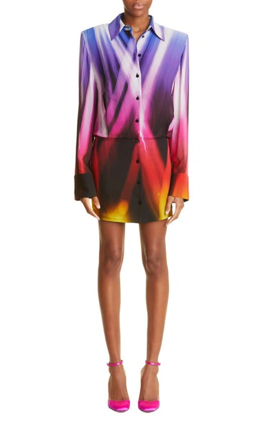Shop Attico Margot Prismatic Print Long Sleeve Georgette Mini Shirtdress In Multicolor